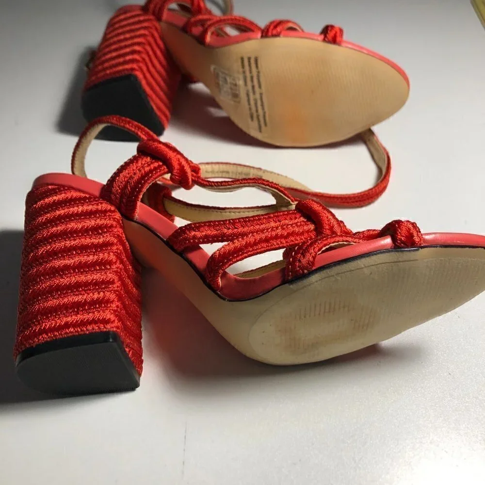 Cabi Tiptoe Knotted Rope Strappy Heeled Sandals Hibiscus Red Size 9M